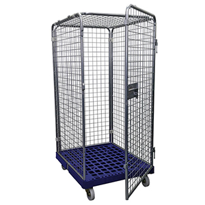 Rollbox mit Drahtgitterwänden, 5-seitig (1 Tür), Nutzhöhe 1350 mm, BxTxH 810x720x1500 mm, Bodenplatte aus HDPE, RAL 5010 enzianblau