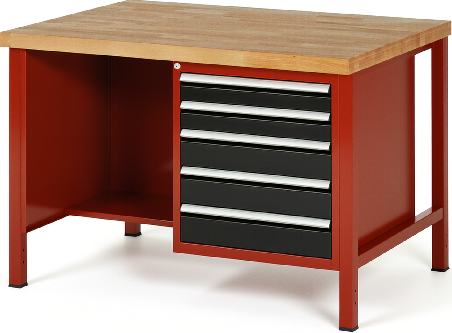Werkbank Modell 8454 rot - schwarz, BxTxH 1250x900x840 mm,  Buche-Massiv Arbeitsplatte 40 mm,  5 Schubladen mit  Auszug 90 %
