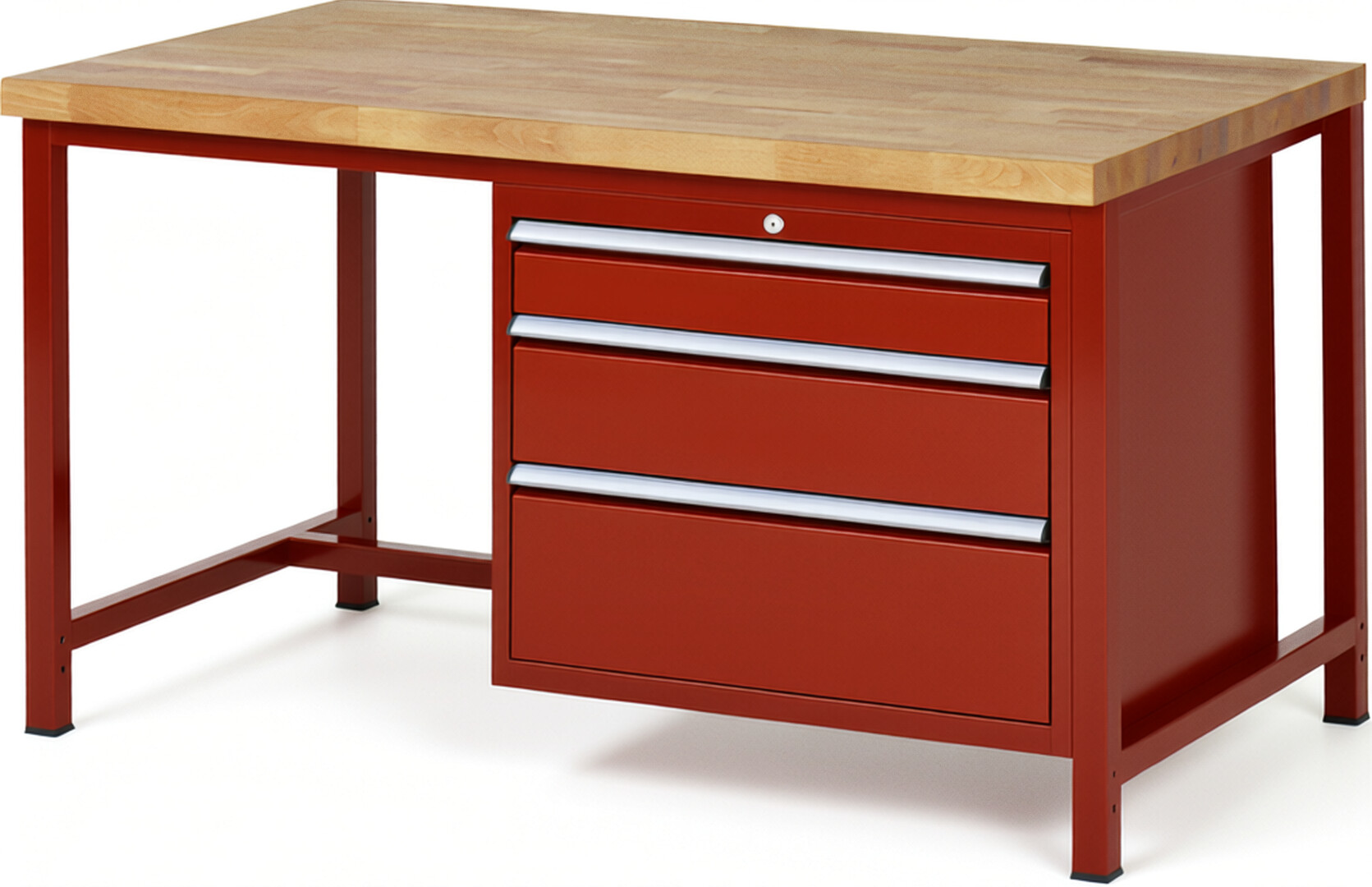 Werkbank Modell 8259 rot, BxTxH 1500x900x840 mm,  Buche-Massiv Arbeitsplatte 40 mm,  3 Schubladen mit  Auszug 90 %