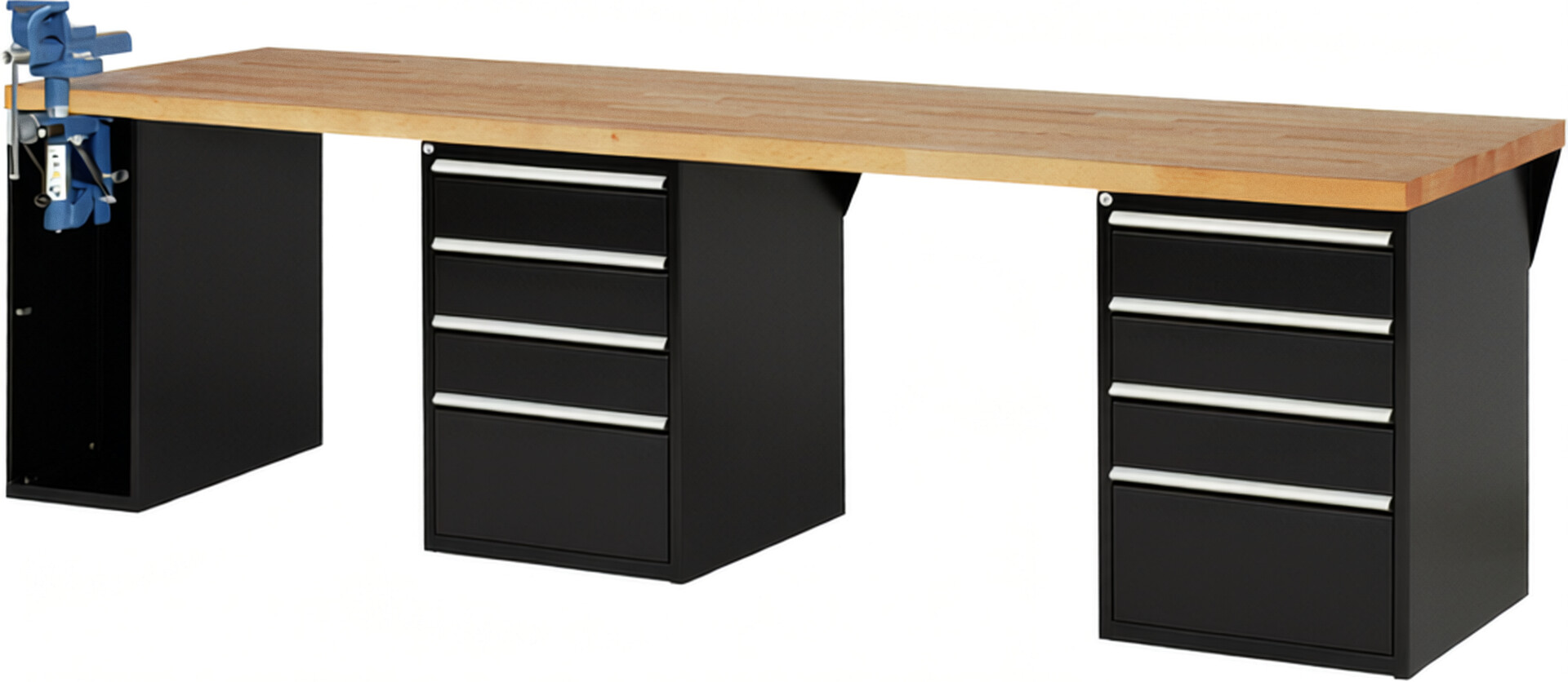 Werkbank Modell 7510 schwarz, BxTxH 3000x900x890 mm,  Buche-Massiv Arbeitsplatte 40 mm,  8 Schubladen mit  Auszug 90 %