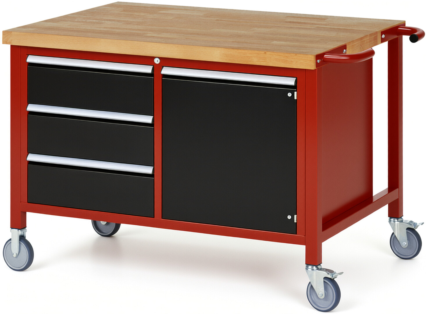 Fahrbare Werkbank Modell 8468 rot - schwarz, BxTxH 1250x900x880 mm,  Buche-Massiv Arbeitsplatte 40 mm,  3 Schubladen mit  Auszug 90 %