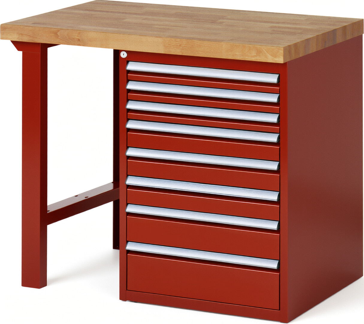 Werkbank Modell 7519 rot, BxTxH 1000x700x890 mm,  Buche-Massiv Arbeitsplatte 40 mm,  8 Schubladen mit  Auszug 90 %