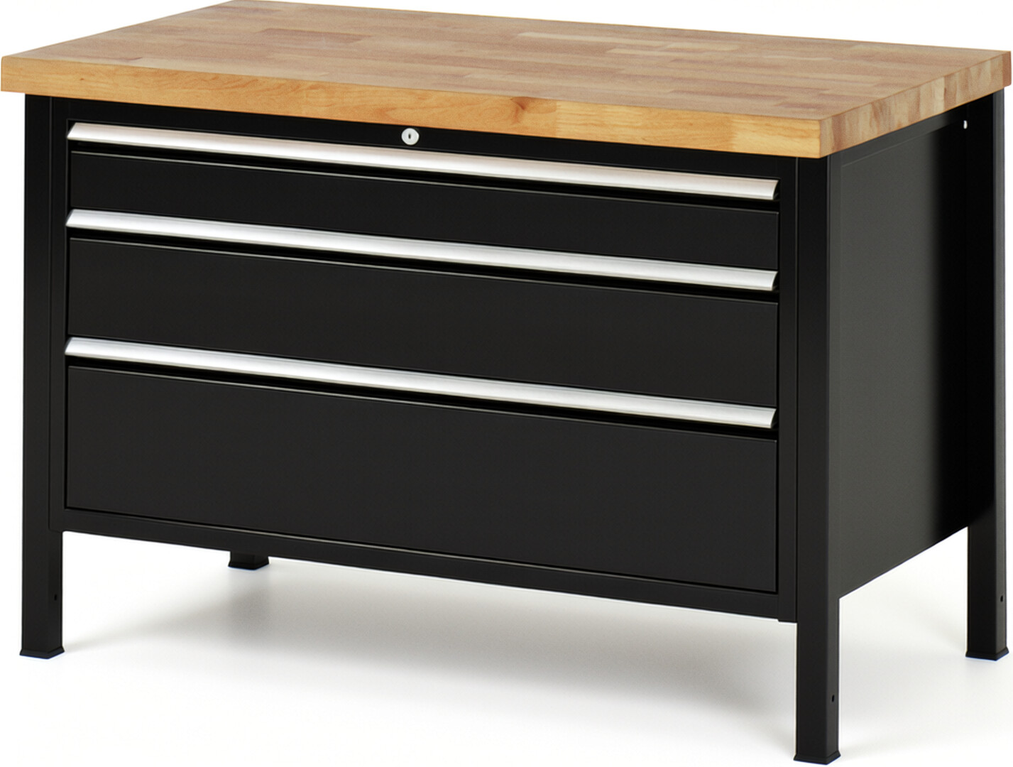 Werkbank Modell 8359 schwarz, BxTxH 1250x700x840 mm,  Buche-Massiv Arbeitsplatte 40 mm,  3 Schubladen mit  Vollauszug 100 % und  SoftClosing