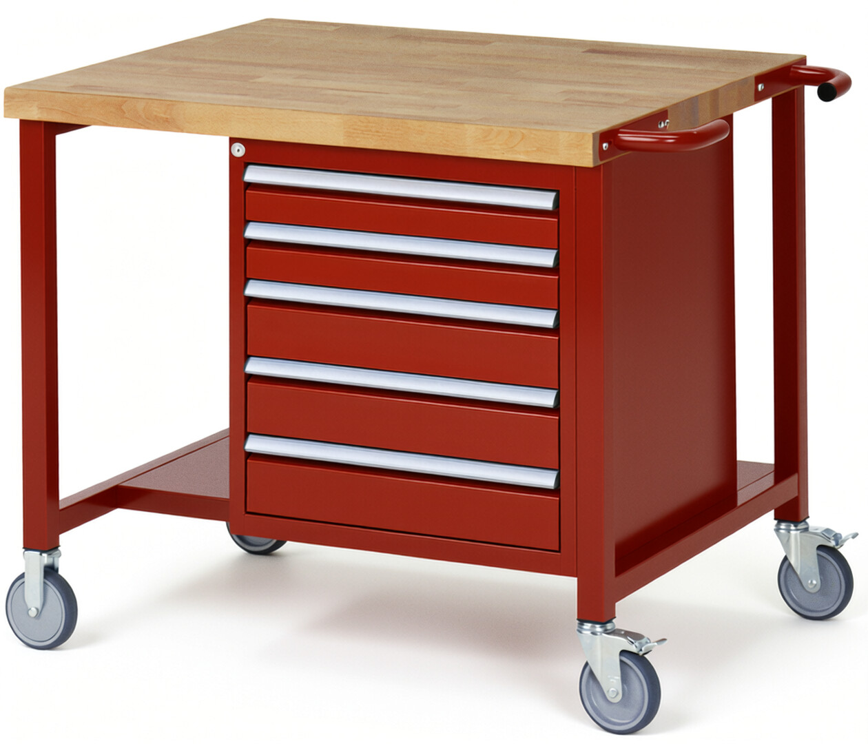 Fahrbare Werkbank Modell 8171 rot, BxTxH 1000x900x880 mm,  Buche-Massiv Arbeitsplatte 40 mm,  5 Schubladen mit  Vollauszug 100 % und  SoftClosing