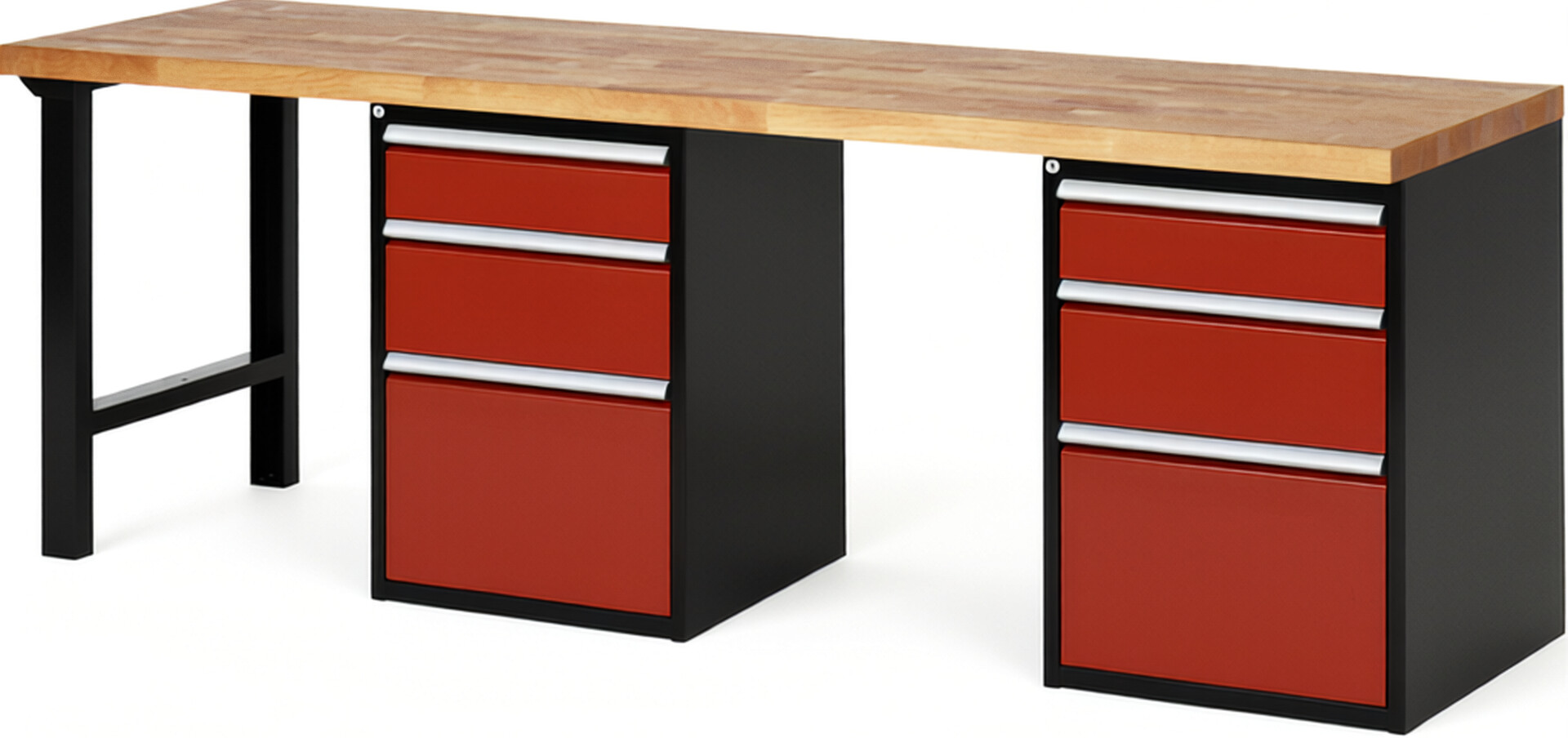 RAU Werkbank schwarz - rot - Breite 250 cm - Tiefe 70 cm - Höhe 84 cm - Buche-Massiv Arbeitsplatte 40 mm