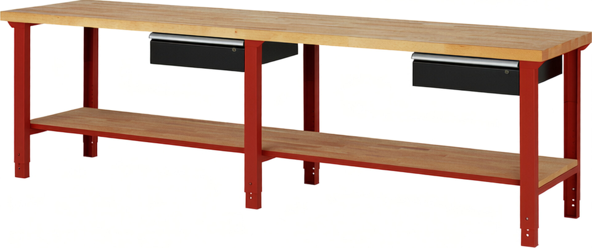 Werkbank Modell 7001 rot - schwarz, BxTxH 3000x700x790-1140 mm,  Buche-Massiv Arbeitsplatte 40 mm,  2 Schubladen mit  Auszug 90 %