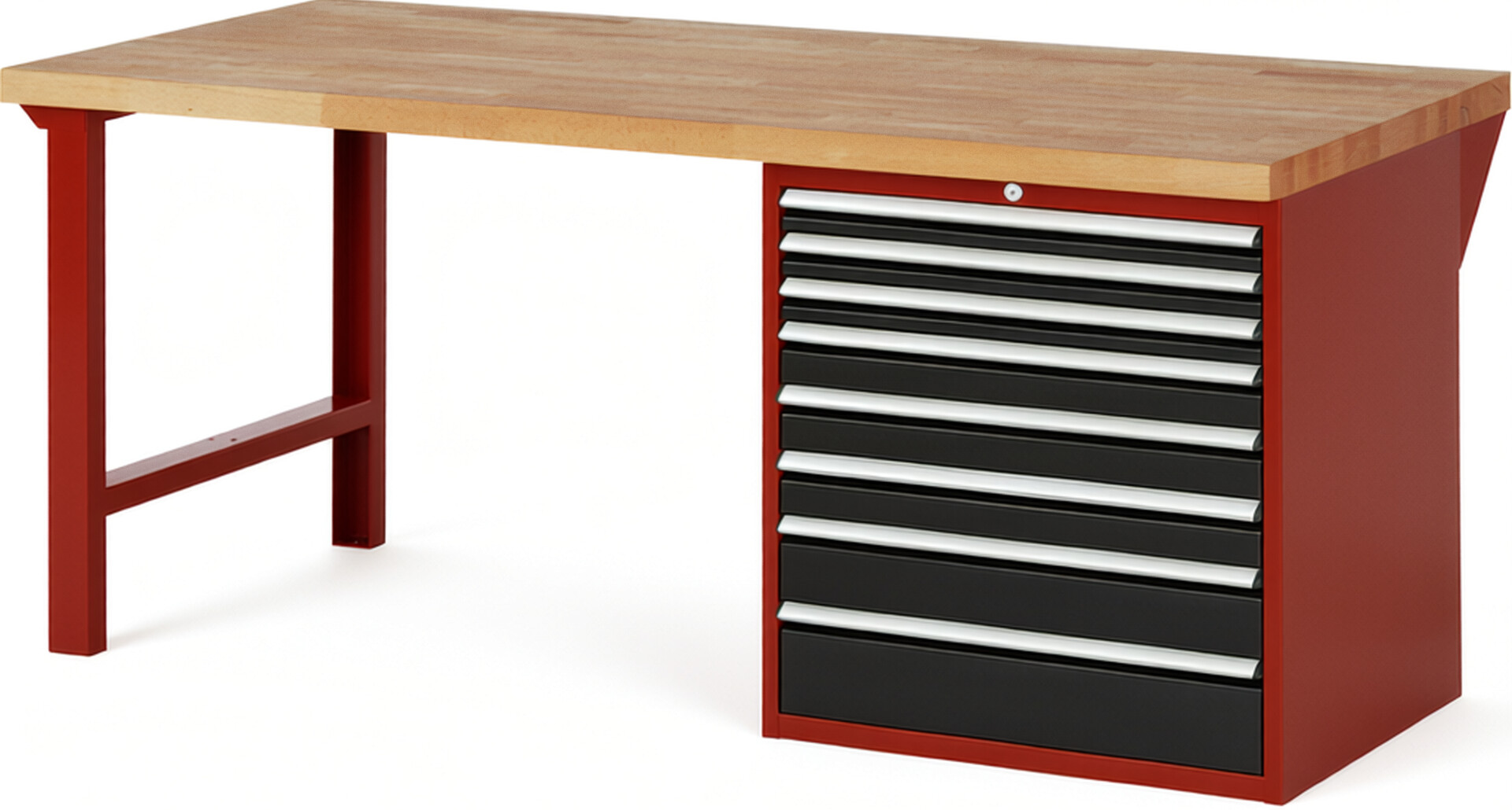 Werkbank Modell 7619 rot - schwarz, BxTxH 2000x900x890 mm,  Buche-Massiv Arbeitsplatte 40 mm,  8 Schubladen mit  Vollauszug 100 % und  SoftClosing