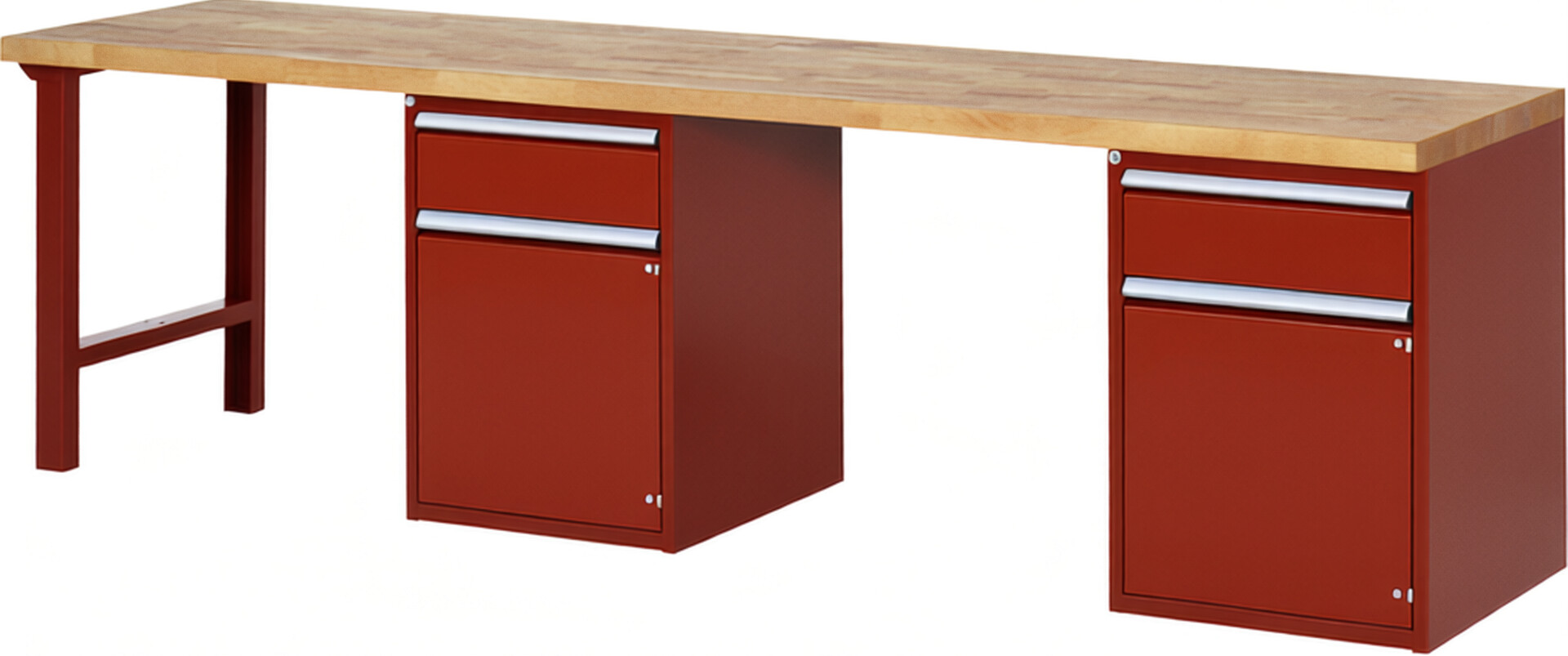 Werkbank Modell 7502 rot, BxTxH 3000x700x890 mm,  Buche-Massiv Arbeitsplatte 40 mm,  2 Schubladen mit  Vollauszug 100 % und  SoftClosing