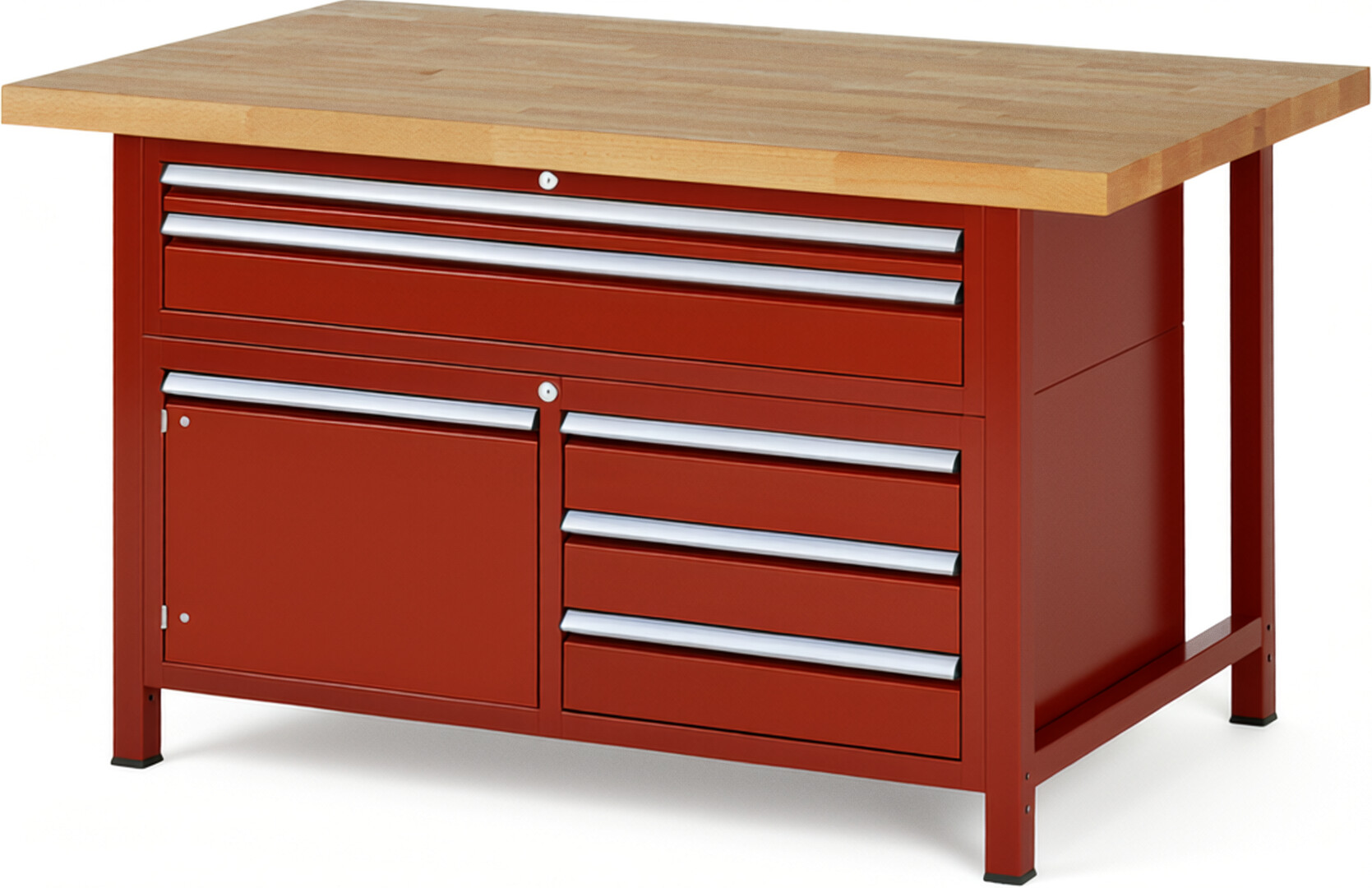 Werkbank Modell 8922 rot, BxTxH 1500x900x840-1040 mm,  Buche-Massiv Arbeitsplatte 40 mm,  5 Schubladen mit  Auszug 90 %