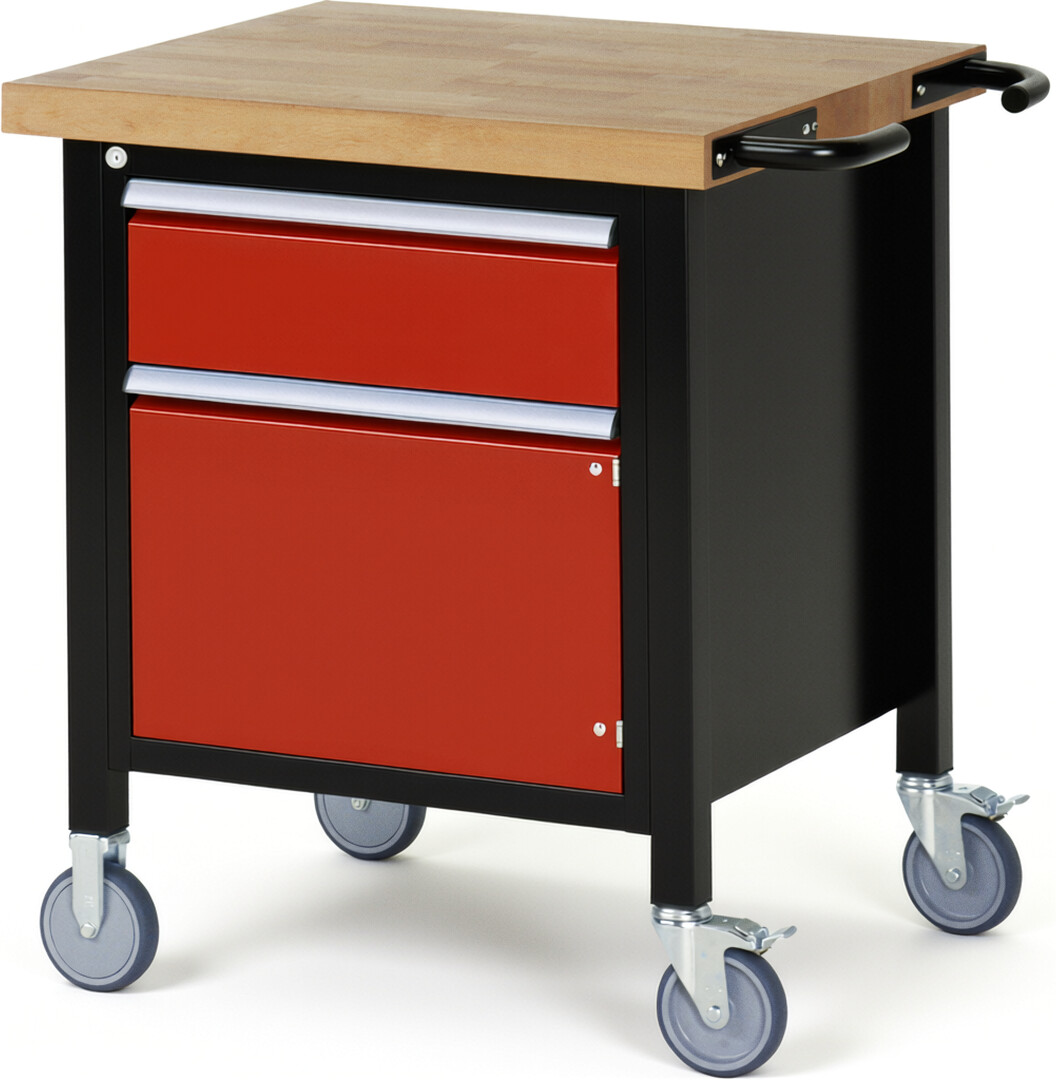 RAU Werkbank schwarz - rot - Breite 75 cm - Tiefe 70 cm - Höhe 108 cm - Buche-Massiv Arbeitsplatte 40 mm
