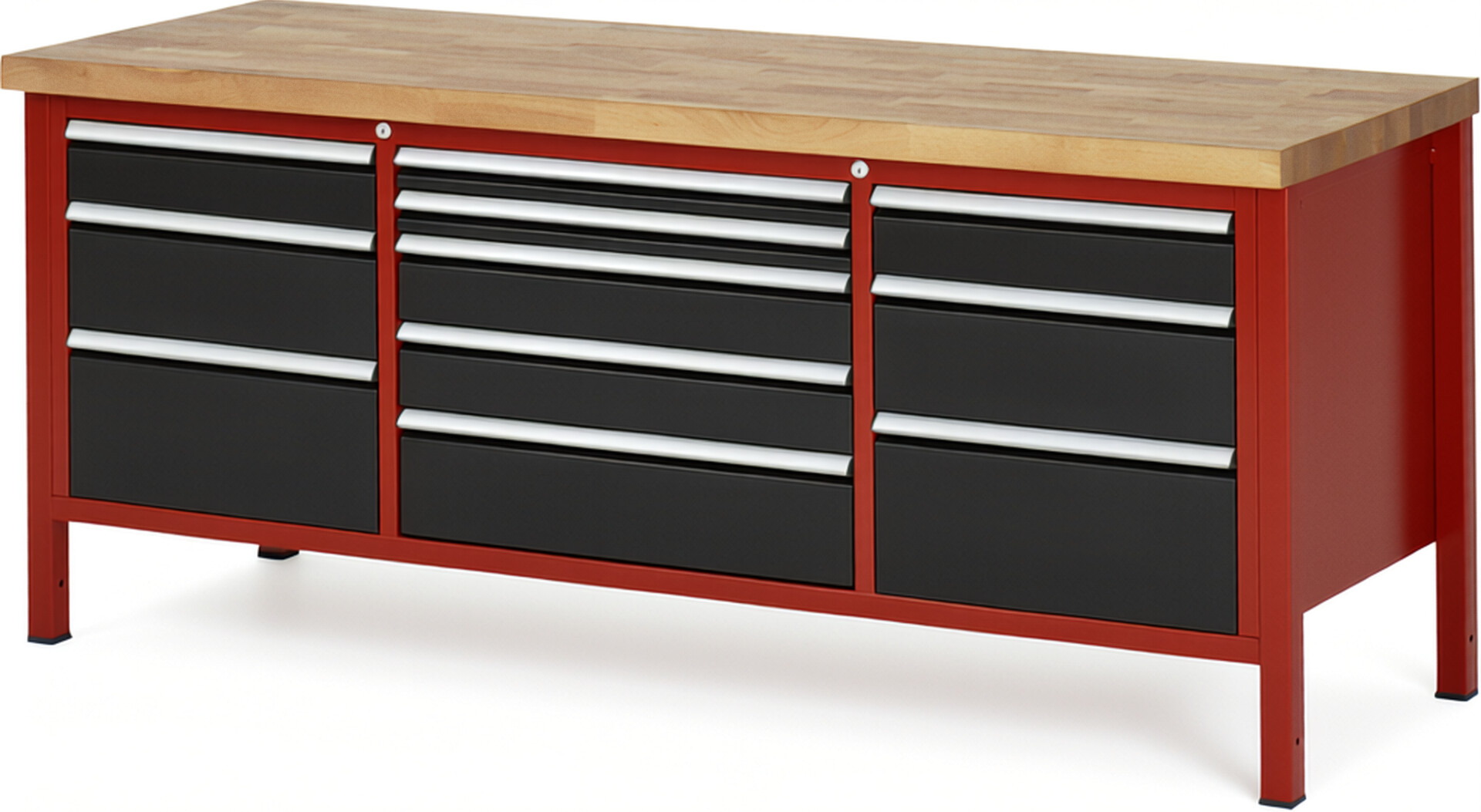 Werkbank Modell 8758 rot - schwarz, BxTxH 2000x700x840-1040 mm,  Buche-Massiv Arbeitsplatte 40 mm,  11 Schubladen mit  Vollauszug 100 % und  SoftClosing