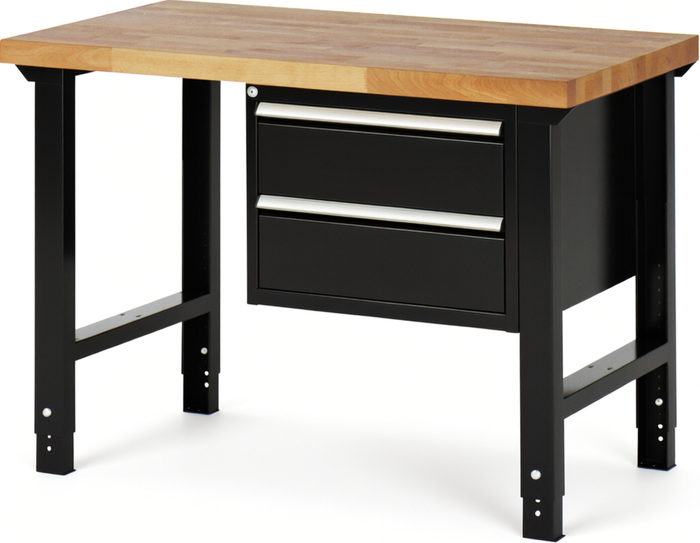 Werkbank Modell 7125 schwarz, BxTxH 1250x700x790-1140 mm,  Buche-Massiv Arbeitsplatte 40 mm,  2 Schubladen mit  Auszug 90 %