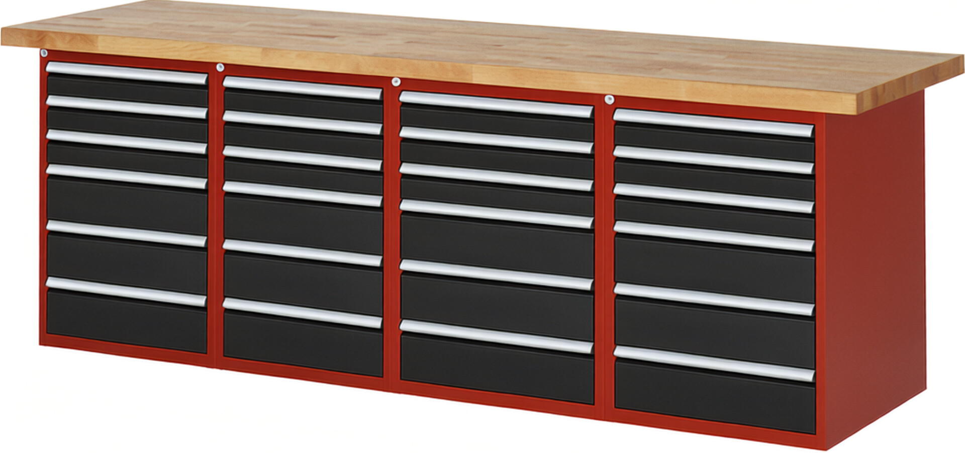 Werkbank Modell 7515 rot - schwarz, BxTxH 2500x700x890 mm,  Buche-Massiv Arbeitsplatte 40 mm,  24 Schubladen mit  Auszug 90 %