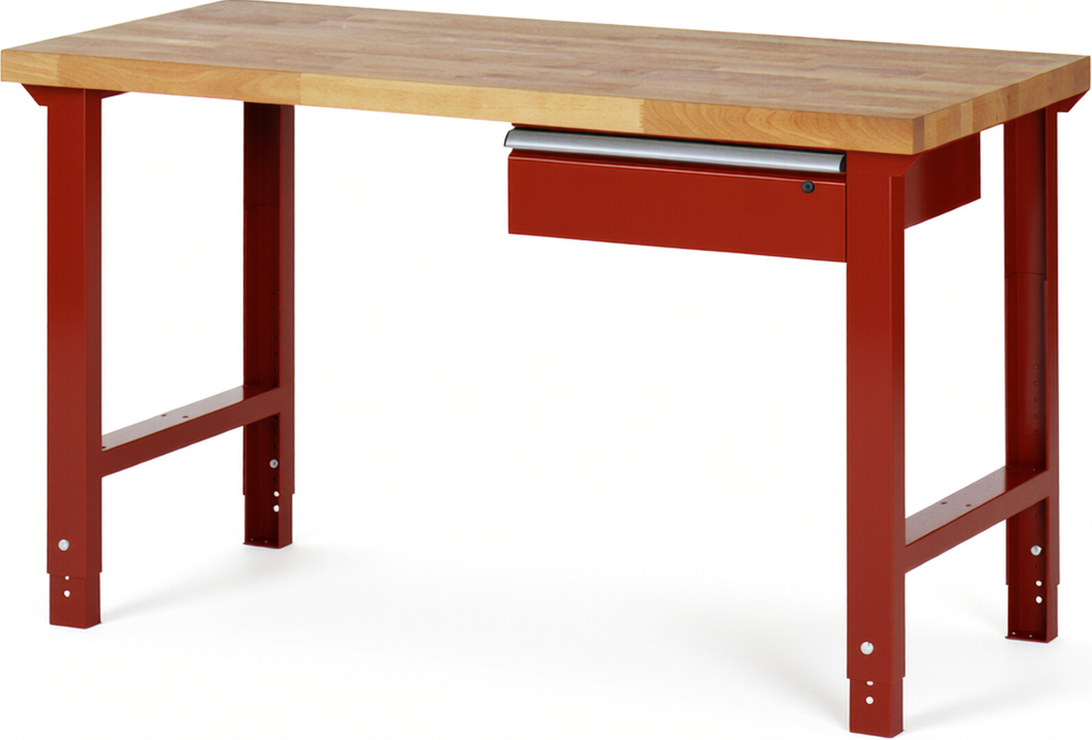 Werkbank Modell 7001 rot, BxTxH 1500x700x790-1140 mm,  Buche-Massiv Arbeitsplatte 40 mm,  1 Schublade mit  Auszug 90 %