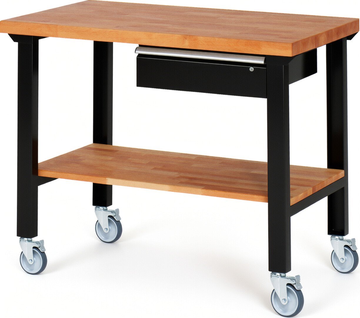 Fahrbare Werkbank Modell 7001 schwarz, BxTxH 1250x700x1000 mm,  Buche-Massiv Arbeitsplatte 40 mm,  1 Schublade mit  Auszug 90 %