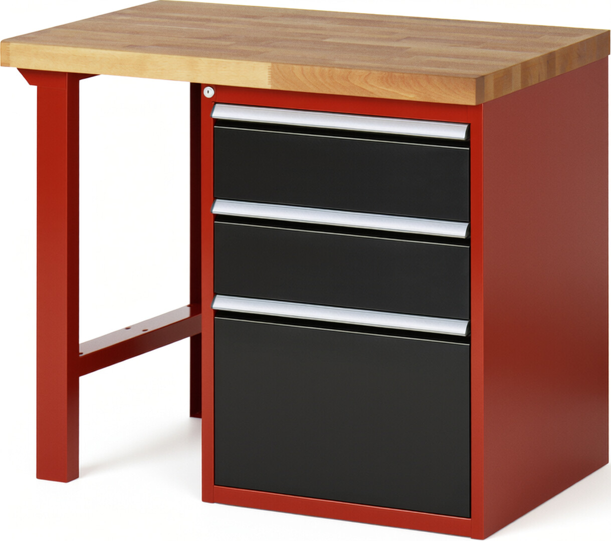 Werkbank Modell 7507 rot - schwarz, BxTxH 1000x700x890 mm,  Buche-Massiv Arbeitsplatte 40 mm,  3 Schubladen mit  Auszug 90 %