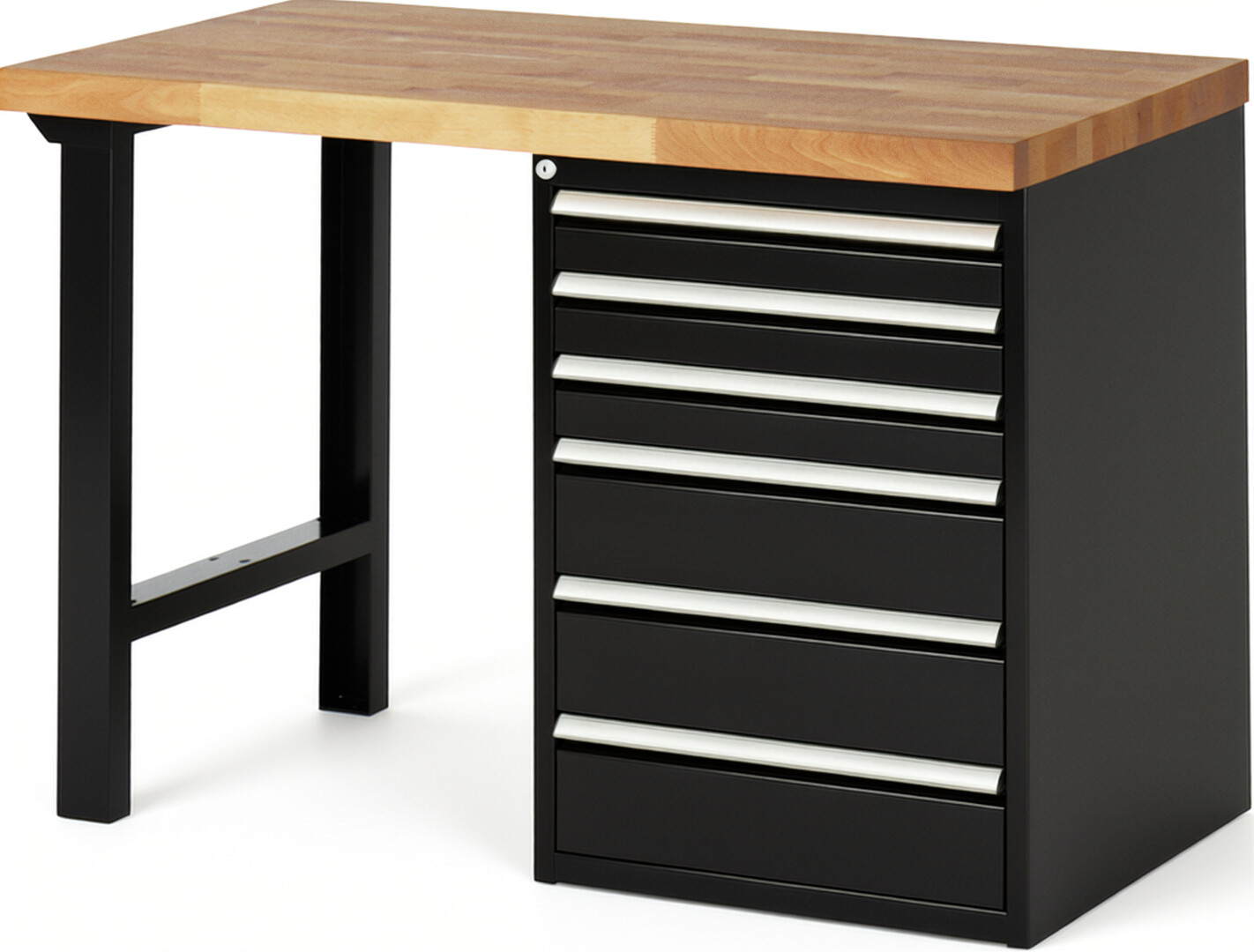 Werkbank Modell 7515 schwarz, BxTxH 1250x700x890 mm,  Buche-Massiv Arbeitsplatte 40 mm,  6 Schubladen mit  Vollauszug 100 % und  SoftClosing