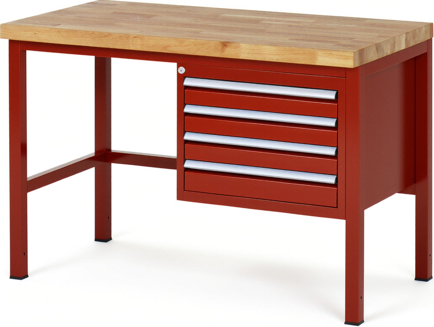 Werkbank Modell 8133 rot, BxTxH 1250x700x840-1040 mm,  Buche-Massiv Arbeitsplatte 40 mm,  4 Schubladen mit  Auszug 90 %