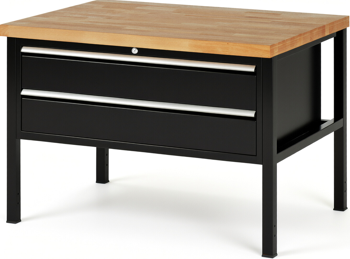 Werkbank Modell 8325 schwarz, BxTxH 1250x900x840-1040 mm,  Buche-Massiv Arbeitsplatte 40 mm,  2 Schubladen mit  Auszug 90 %