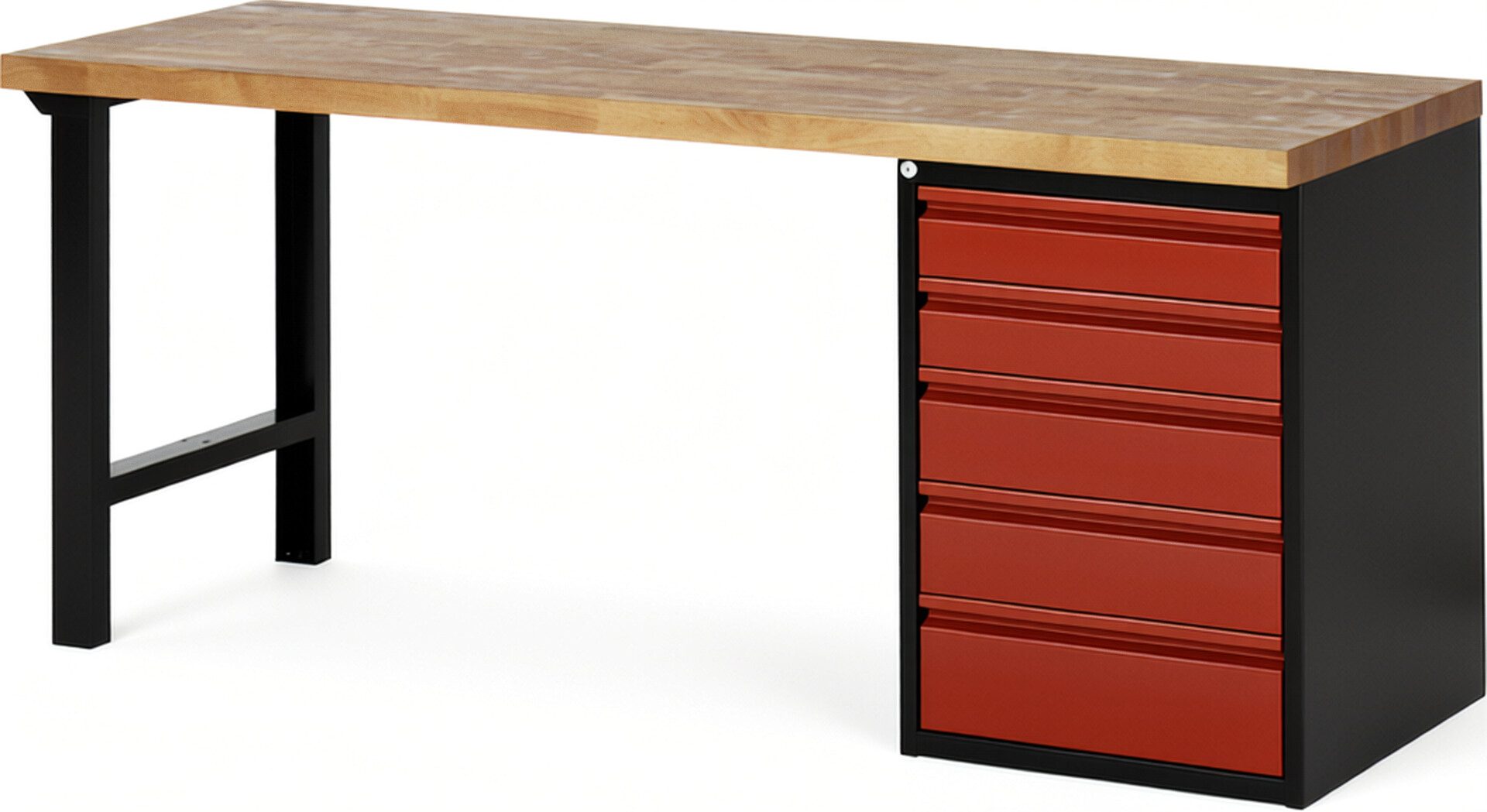Werkbank schwarz - rot, Breite 200 cm, Tiefe 70 cm, Höhe 84 cm, 5 Schublade(n), Platte: Buche-Massiv-Arbeitsplatte