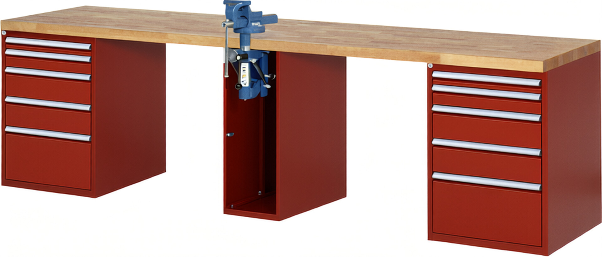 Werkbank Modell 7511 rot, BxTxH 3000x700x890 mm,  Buche-Massiv Arbeitsplatte 40 mm,  10 Schubladen mit  Auszug 90 %