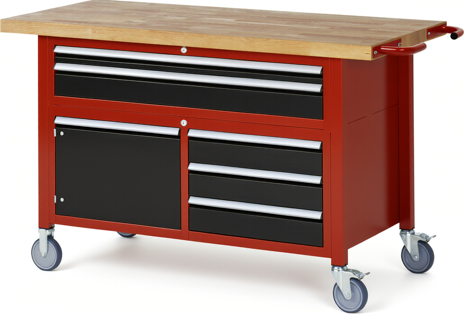 Fahrbare Werkbank Modell 8922 rot - schwarz, BxTxH 1500x700x920-1120 mm,  Buche-Massiv Arbeitsplatte 40 mm,  5 Schubladen mit  Auszug 90 %