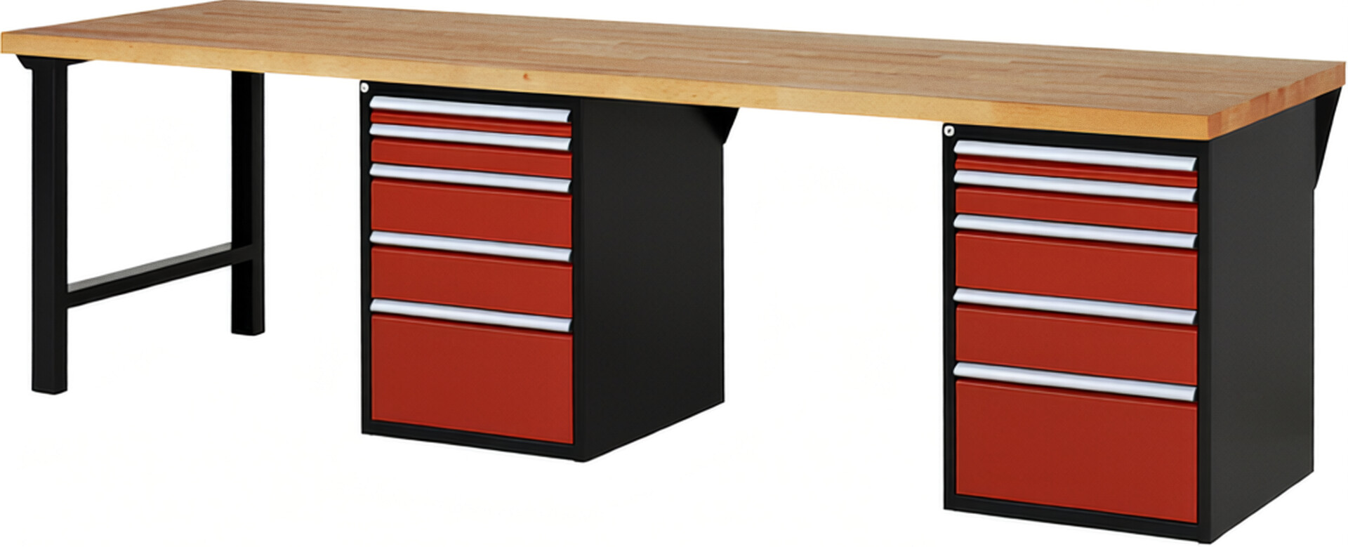 RAU Werkbank schwarz - rot - Breite 300 cm - Tiefe 90 cm - Höhe 89 cm - Buche-Massiv Arbeitsplatte 40 mm