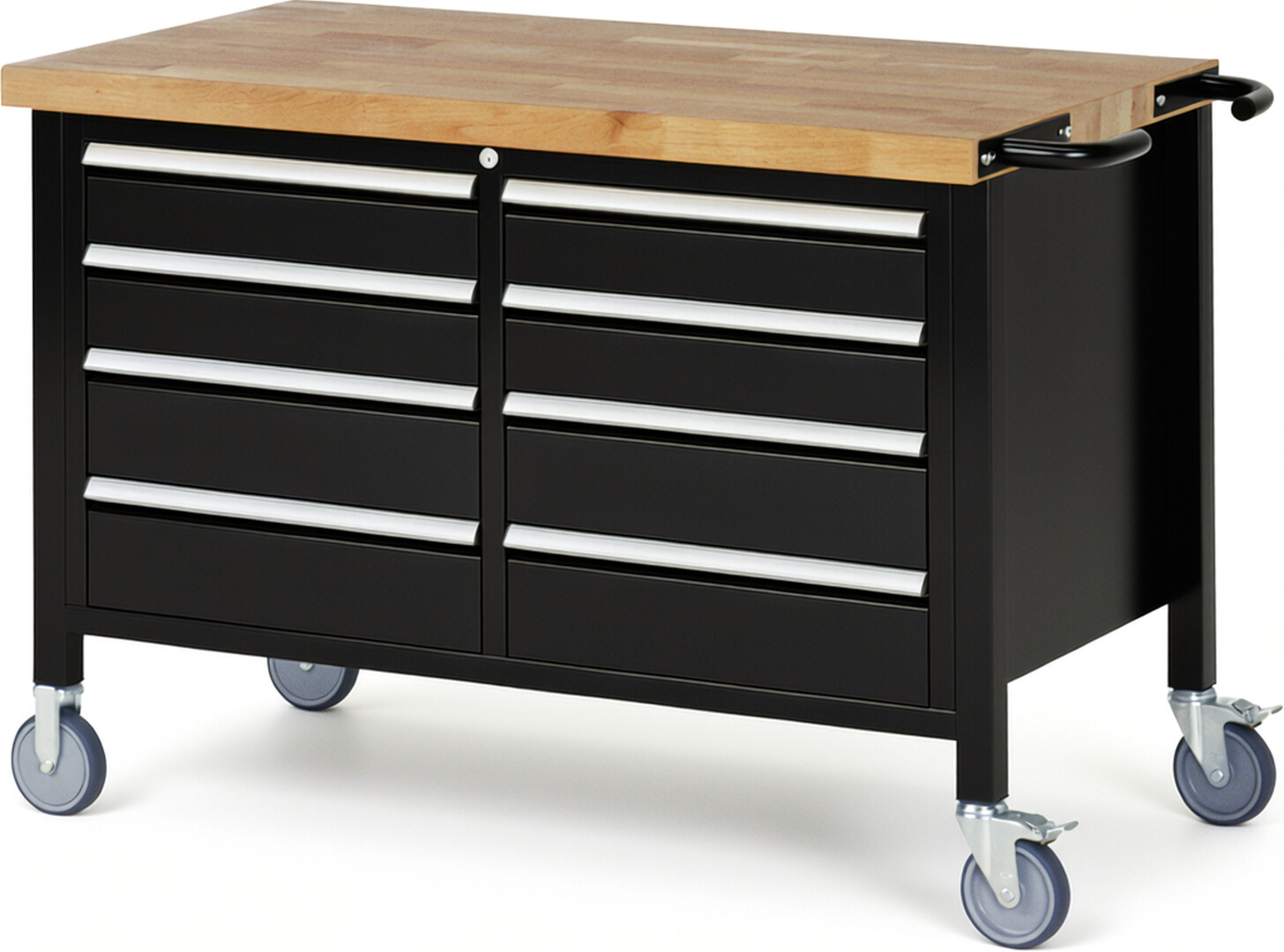 Fahrbare Werkbank Modell 8477 schwarz, BxTxH 1250x700x880 mm,  Buche-Massiv Arbeitsplatte 40 mm,  8 Schubladen mit  Auszug 90 %
