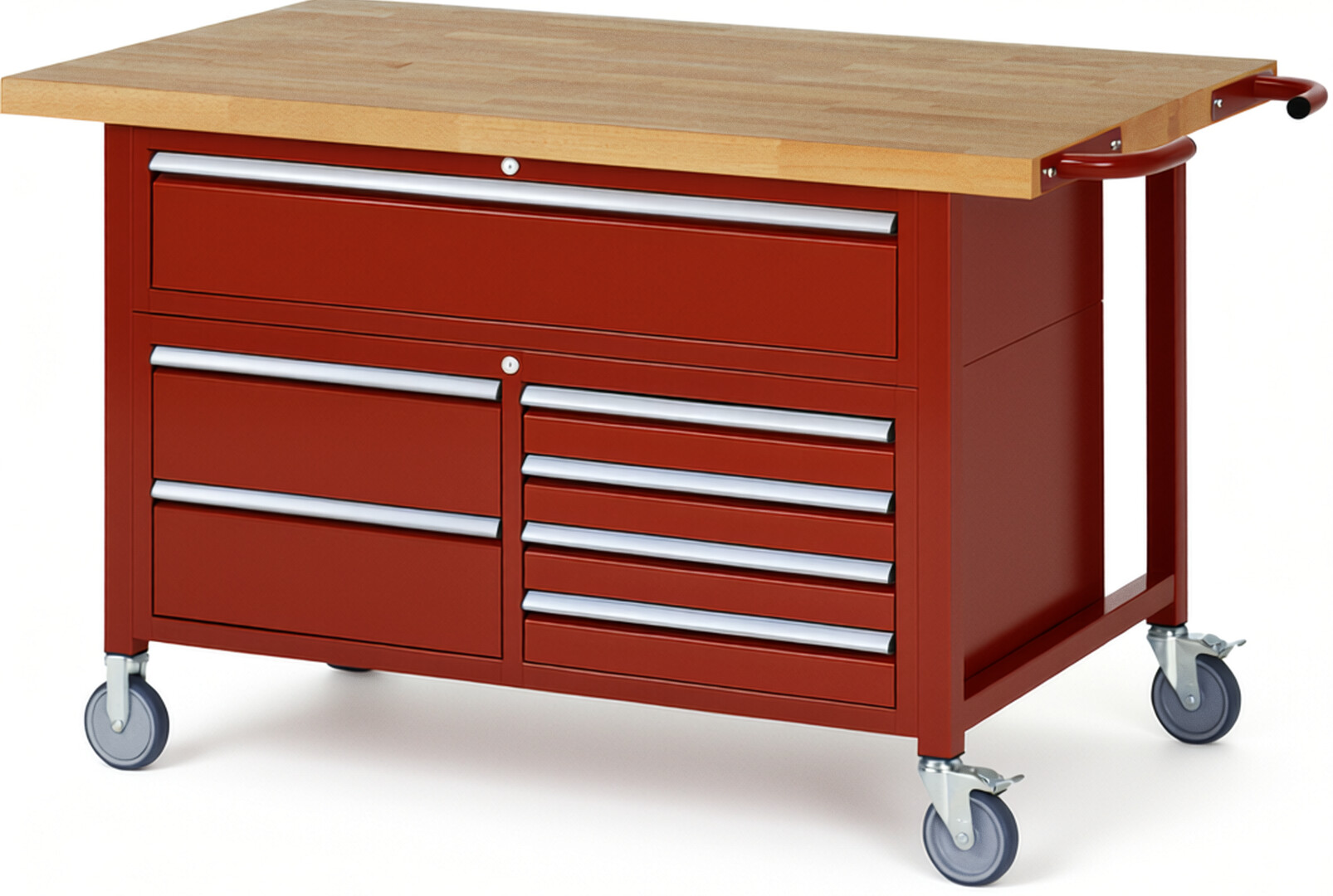 Fahrbare Werkbank Modell 8921 rot, BxTxH 1500x900x920 mm,  Buche-Massiv Arbeitsplatte 40 mm,  7 Schubladen mit  Vollauszug 100 % und  SoftClosing