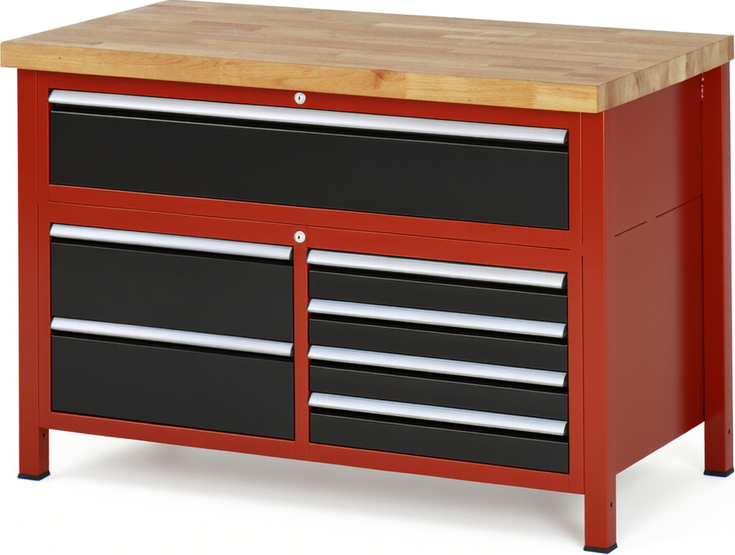 Werkbank Modell 8921 rot - schwarz, BxTxH 1250x700x840-1040 mm,  Buche-Massiv Arbeitsplatte 40 mm,  7 Schubladen mit  Auszug 90 %