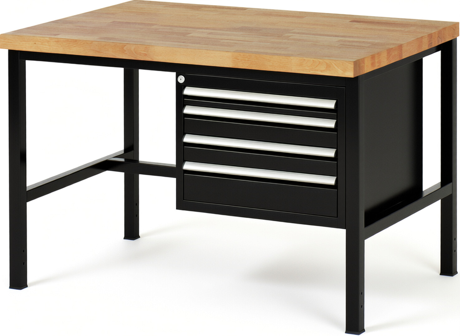 Werkbank Modell 8132 schwarz, BxTxH 1250x900x840-1040 mm,  Buche-Massiv Arbeitsplatte 40 mm,  4 Schubladen mit  Vollauszug 100 % und  SoftClosing