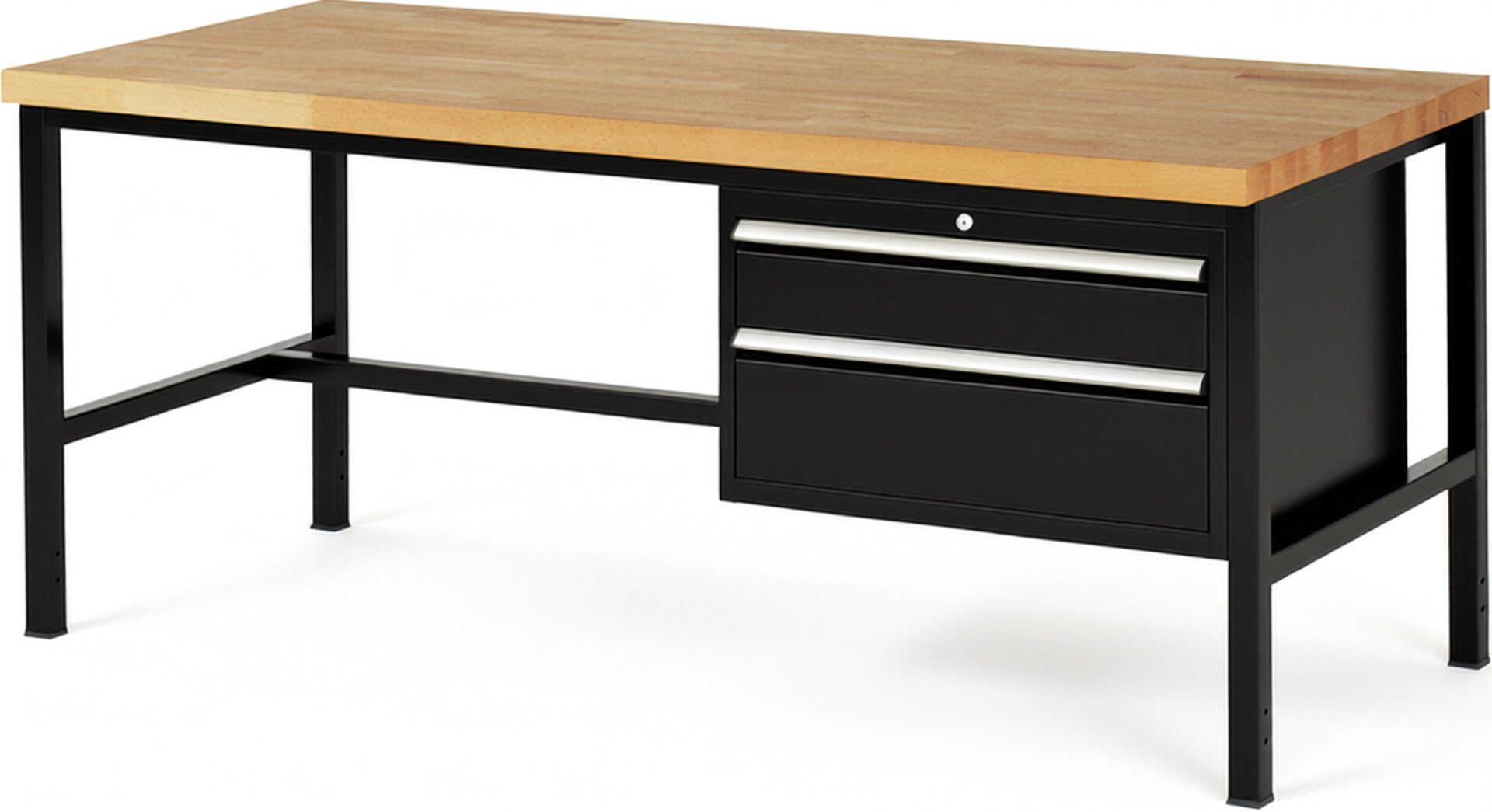 Werkbank Modell 8223 schwarz, BxTxH 2000x900x840 mm,  Buche-Massiv Arbeitsplatte 40 mm,  2 Schubladen mit  Auszug 90 %