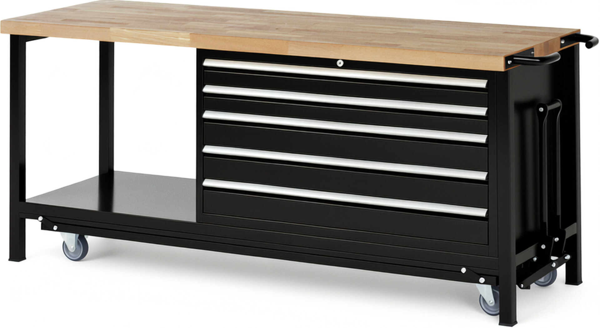 Absenkbare Werkbank Modell 8371 schwarz, BxTxH 2000x700x880 mm,  Buche-Massiv Arbeitsplatte 40 mm,  5 Schubladen mit  Auszug 90 %