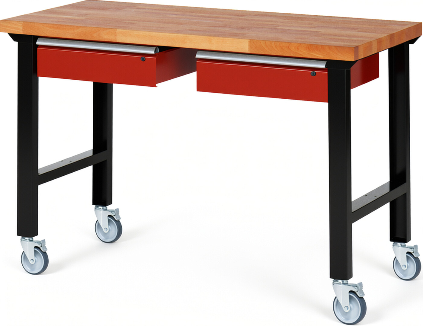 RAU Werkbank schwarz - rot - Breite 150 cm - Tiefe 70 cm - Höhe 100 cm - Buche-Massiv Arbeitsplatte 40 mm