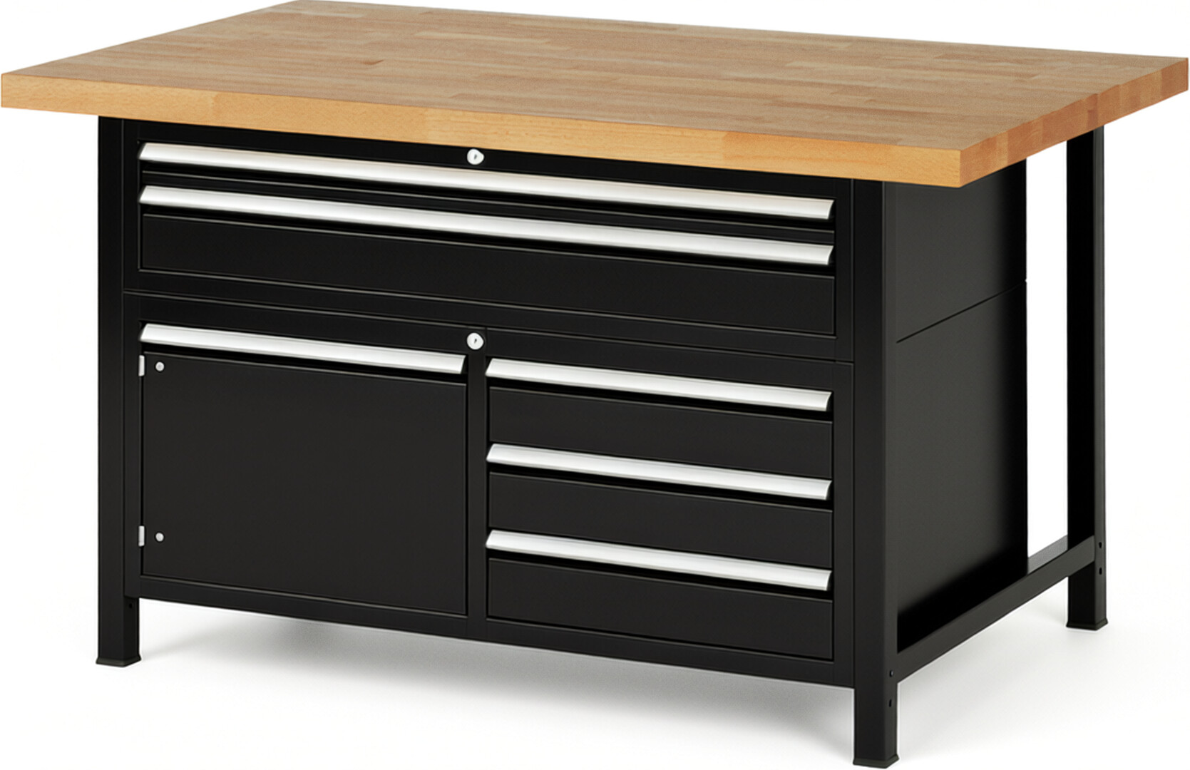 Werkbank Modell 8922 schwarz, BxTxH 1500x900x840-1040 mm,  Buche-Massiv Arbeitsplatte 40 mm,  5 Schubladen mit  Auszug 90 %