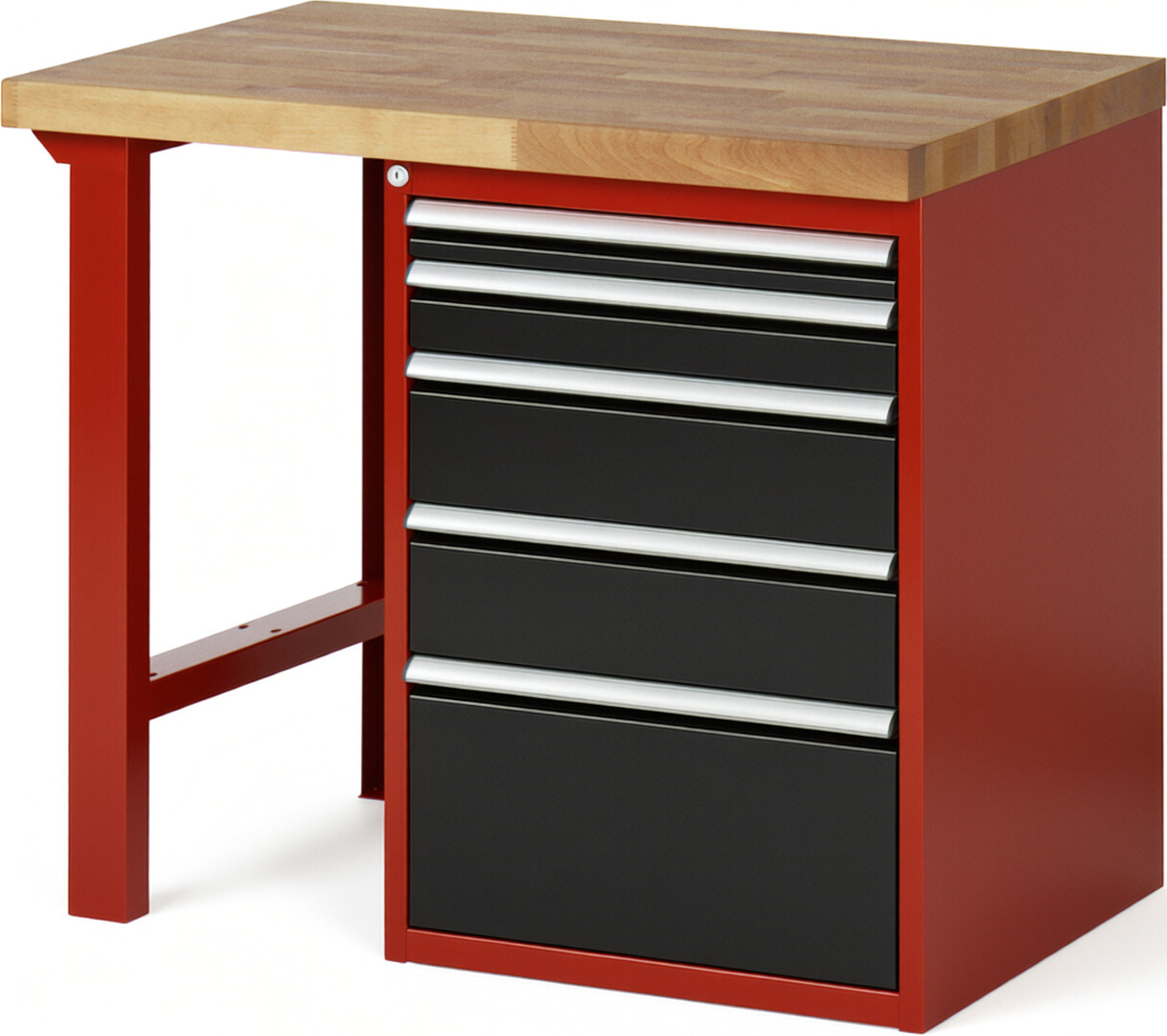 Werkbank Modell 7511 rot - schwarz, BxTxH 1000x700x890 mm,  Buche-Massiv Arbeitsplatte 40 mm,  5 Schubladen mit  Auszug 90 %