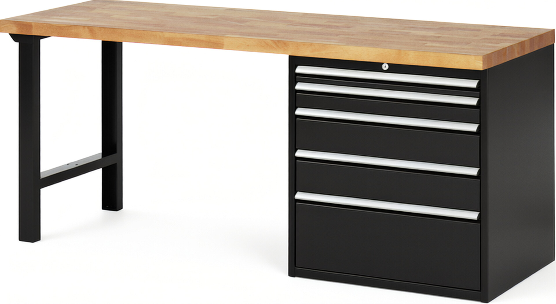 Werkbank Modell 7611 schwarz, BxTxH 2000x700x890 mm,  Buche-Massiv Arbeitsplatte 40 mm,  5 Schubladen mit  Auszug 90 %