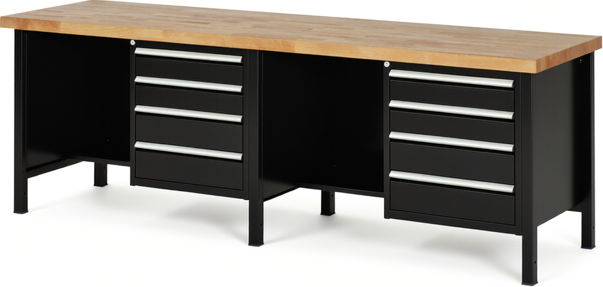 Werkbank Modell 8453 schwarz, BxTxH 2500x700x840 mm,  Buche-Massiv Arbeitsplatte 40 mm,  8 Schubladen mit  Auszug 90 %