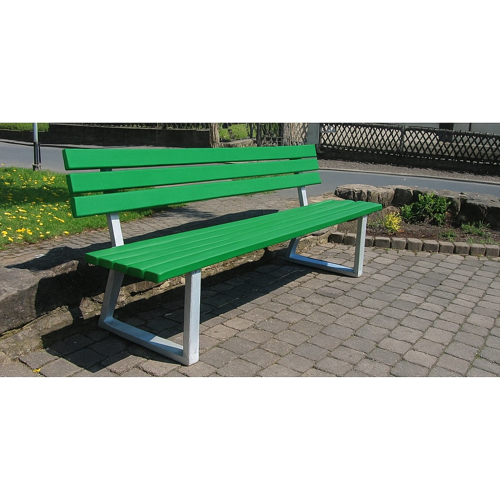 Parkbank mit Gußeisenfüßen und PVC-Latten aus Stahl/Kunststoff - Breite: 200 cm - Farbe: grün