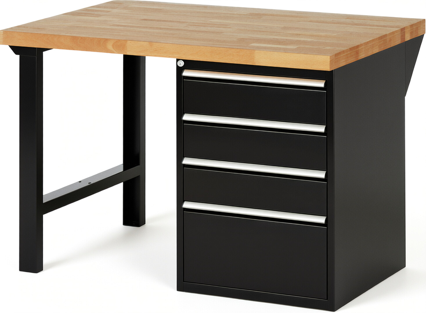 Werkbank Modell 7510 schwarz, BxTxH 1250x900x890 mm,  Buche-Massiv Arbeitsplatte 40 mm,  4 Schubladen mit  Auszug 90 %
