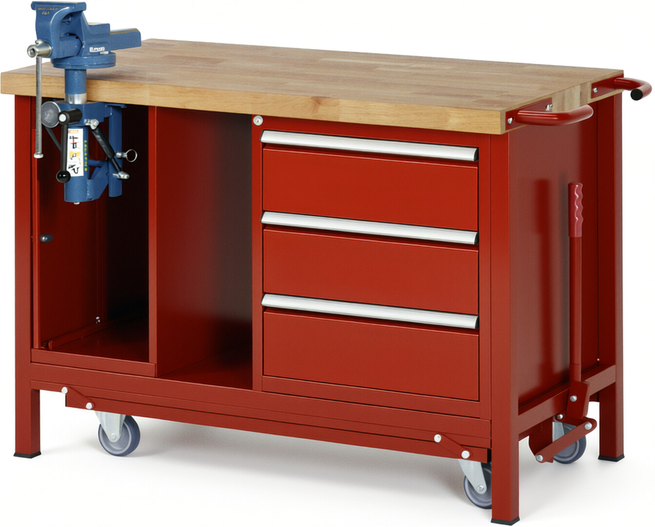 Absenkbare Werkbank Modell 8183 rot, BxTxH 1250x700x880 mm,  Buche-Massiv Arbeitsplatte 40 mm,  3 Schubladen mit  Auszug 90 %