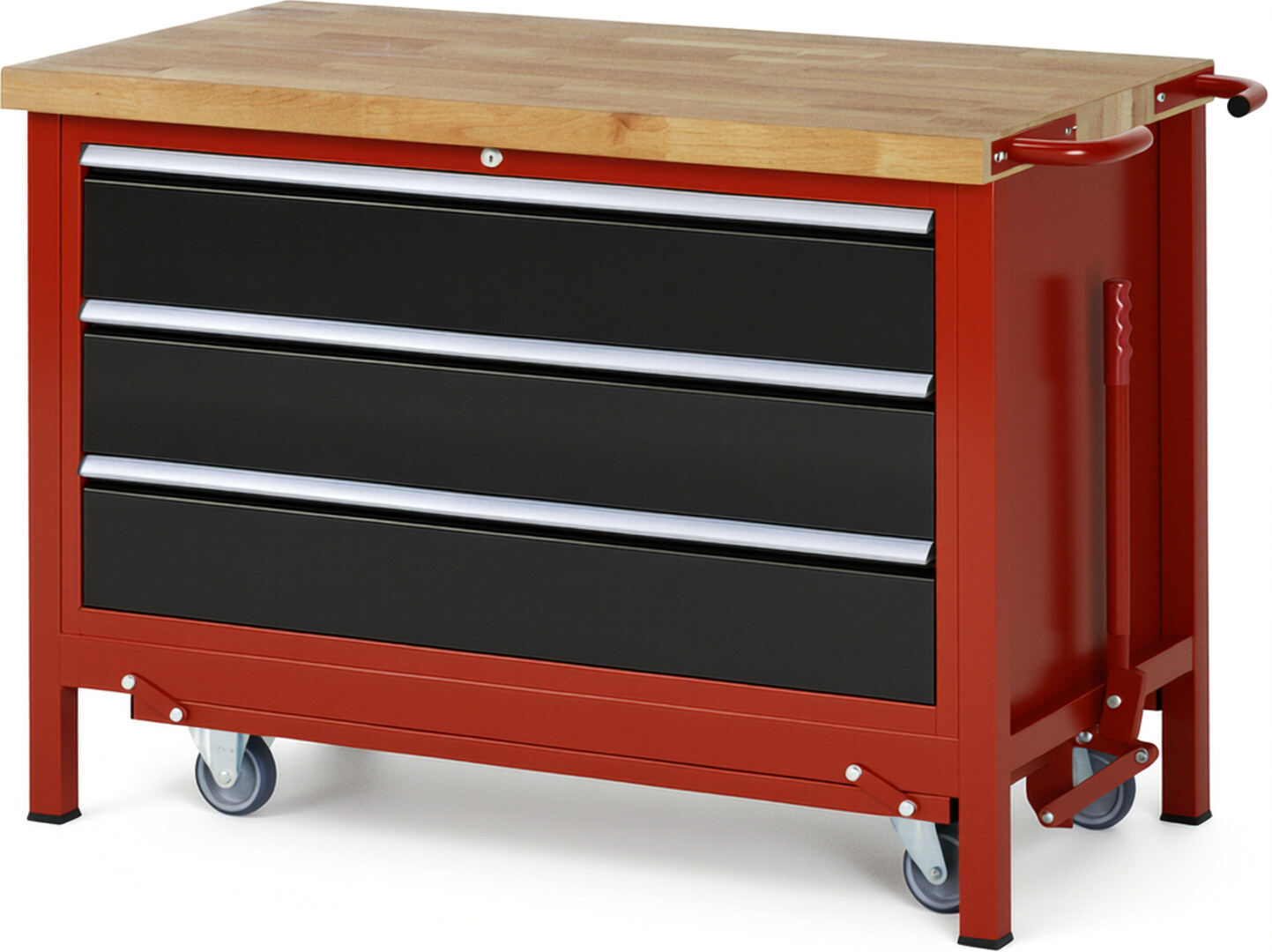 Absenkbare Werkbank Modell 8357 rot - schwarz, BxTxH 1250x700x880 mm,  Buche-Massiv Arbeitsplatte 40 mm,  3 Schubladen mit  Vollauszug 100 % und  SoftClosing