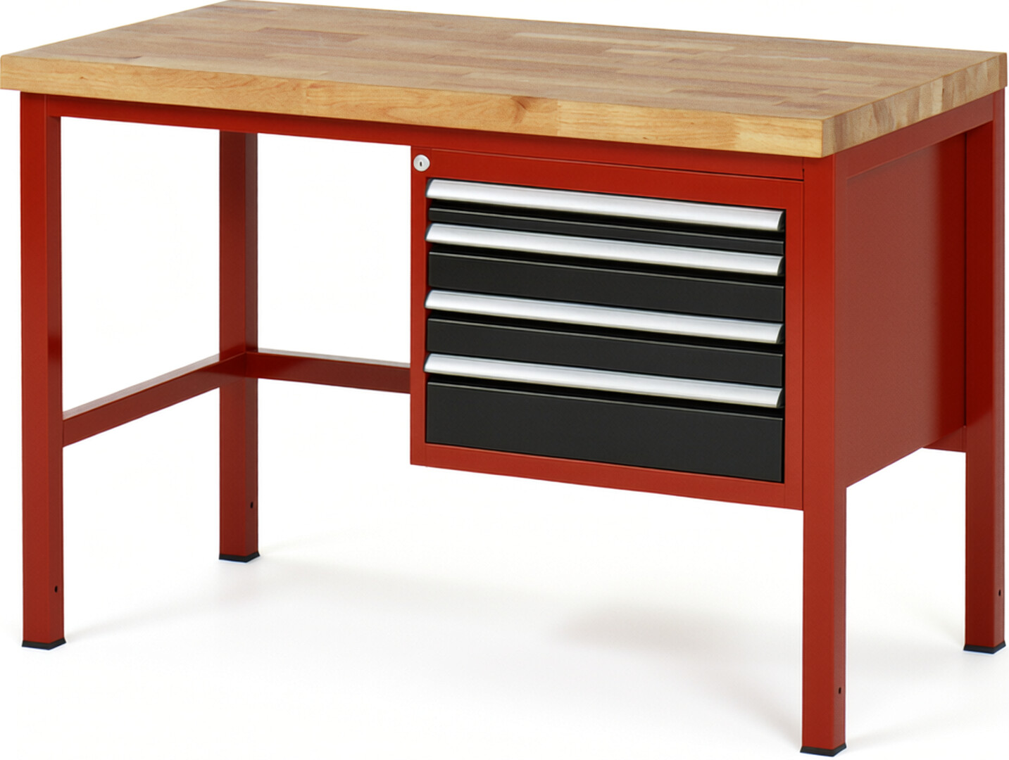 Werkbank Modell 8132 rot - schwarz, BxTxH 1250x700x840-1040 mm,  Buche-Massiv Arbeitsplatte 40 mm,  4 Schubladen mit  Vollauszug 100 % und  SoftClosing