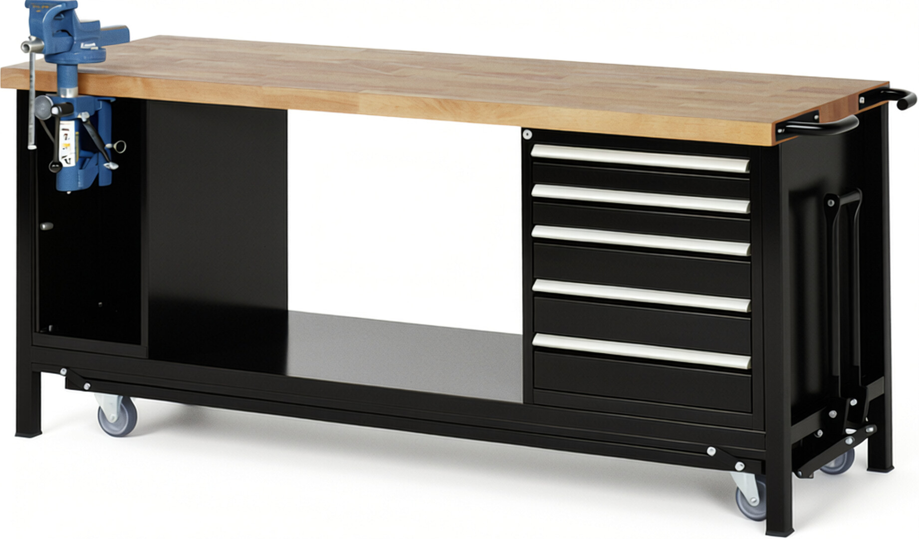 Absenkbare Werkbank Modell 8187 schwarz, BxTxH 2000x700x880 mm,  Buche-Massiv Arbeitsplatte 40 mm,  5 Schubladen mit  Vollauszug 100 % und  SoftClosing