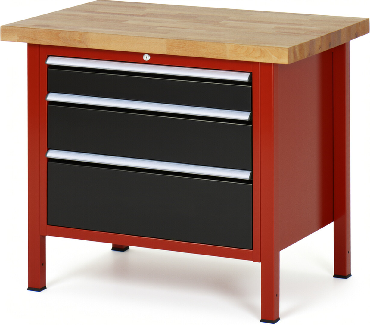 Werkbank Modell 8259 rot - schwarz, BxTxH 1000x700x840-1040 mm,  Buche-Massiv Arbeitsplatte 40 mm,  3 Schubladen mit  Auszug 90 %