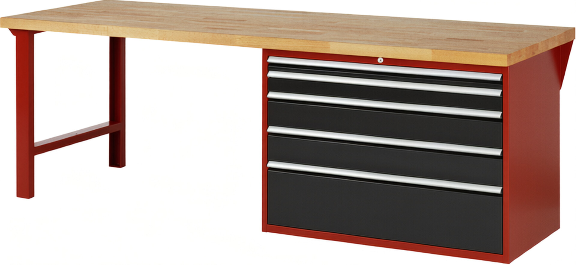 Werkbank Modell 7711 rot - schwarz, BxTxH 2500x900x890 mm,  Buche-Massiv Arbeitsplatte 40 mm,  5 Schubladen mit  Auszug 90 %