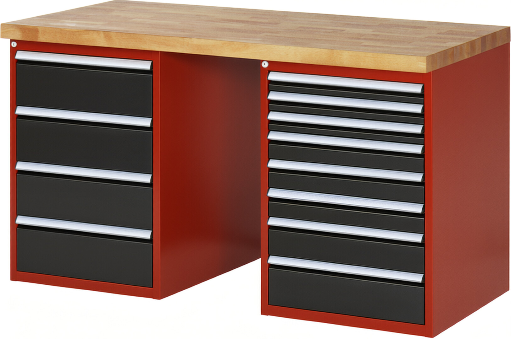Werkbank Modell 7822 rot - schwarz, BxTxH 1500x700x890 mm,  Buche-Massiv Arbeitsplatte 40 mm,  12 Schubladen mit  Vollauszug 100 % und  SoftClosing