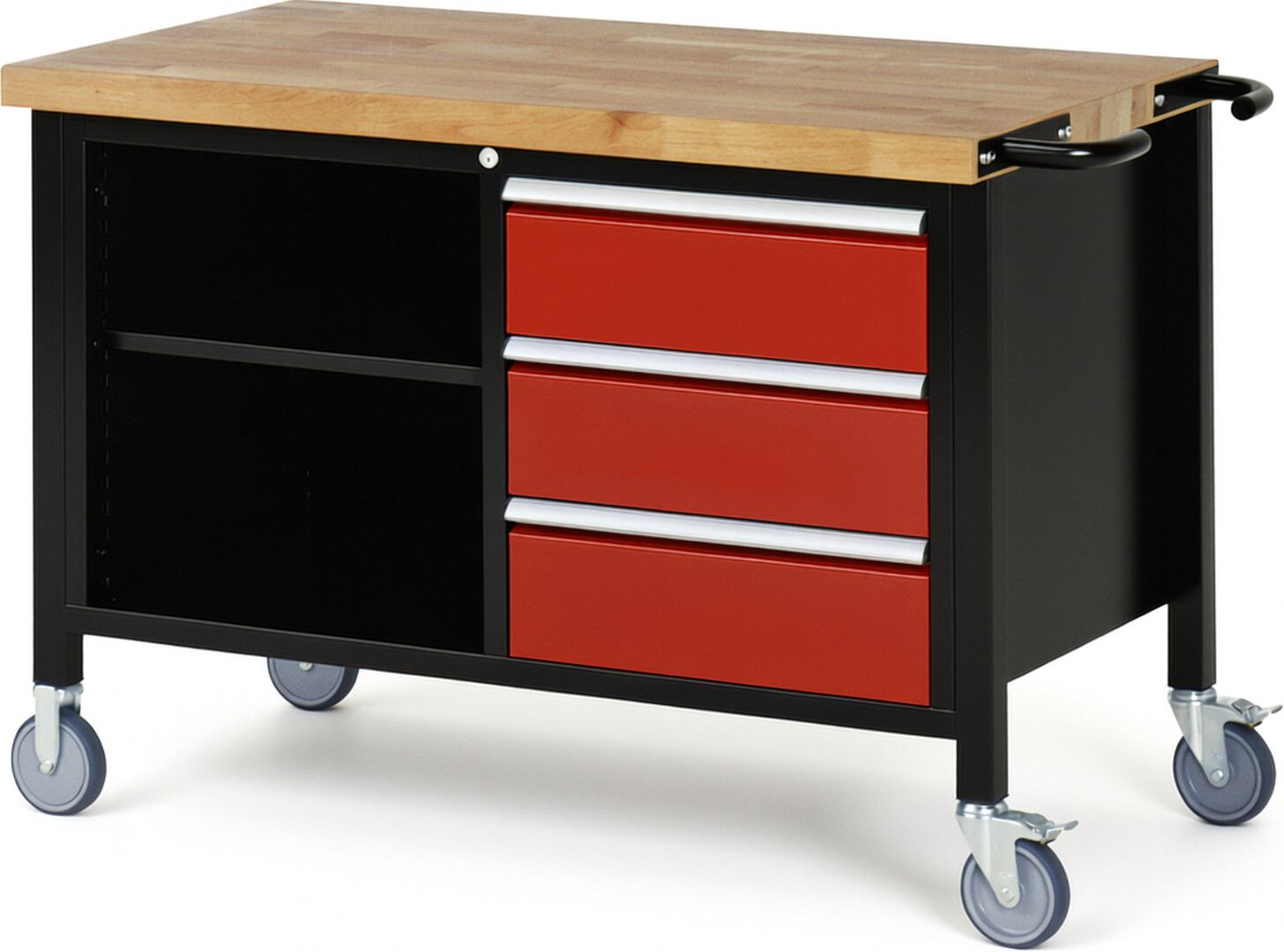 RAU Werkbank schwarz - rot - Breite 125 cm - Tiefe 70 cm - Höhe 108 cm - Buche-Massiv Arbeitsplatte 40 mm