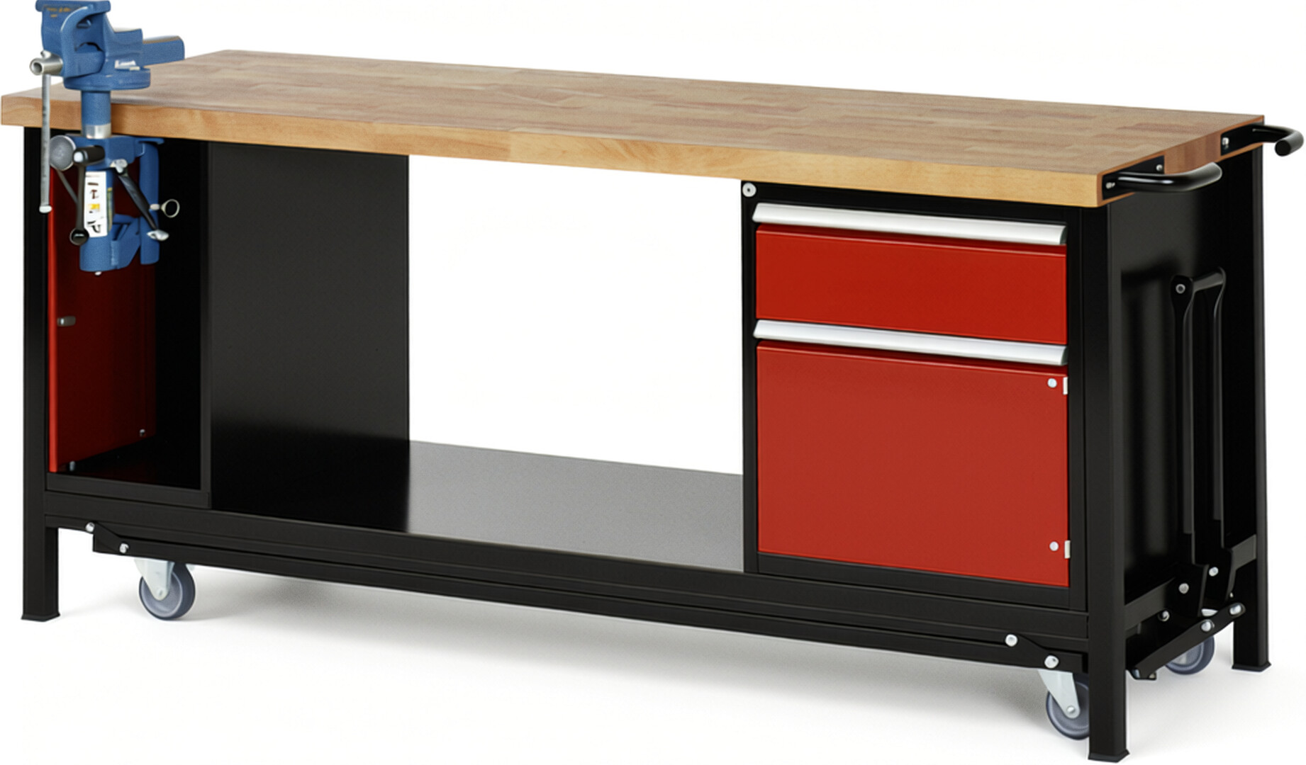 RAU Werkbank schwarz - rot - Breite 200 cm - Tiefe 70 cm - Höhe 88 cm - Buche-Massiv Arbeitsplatte 40 mm