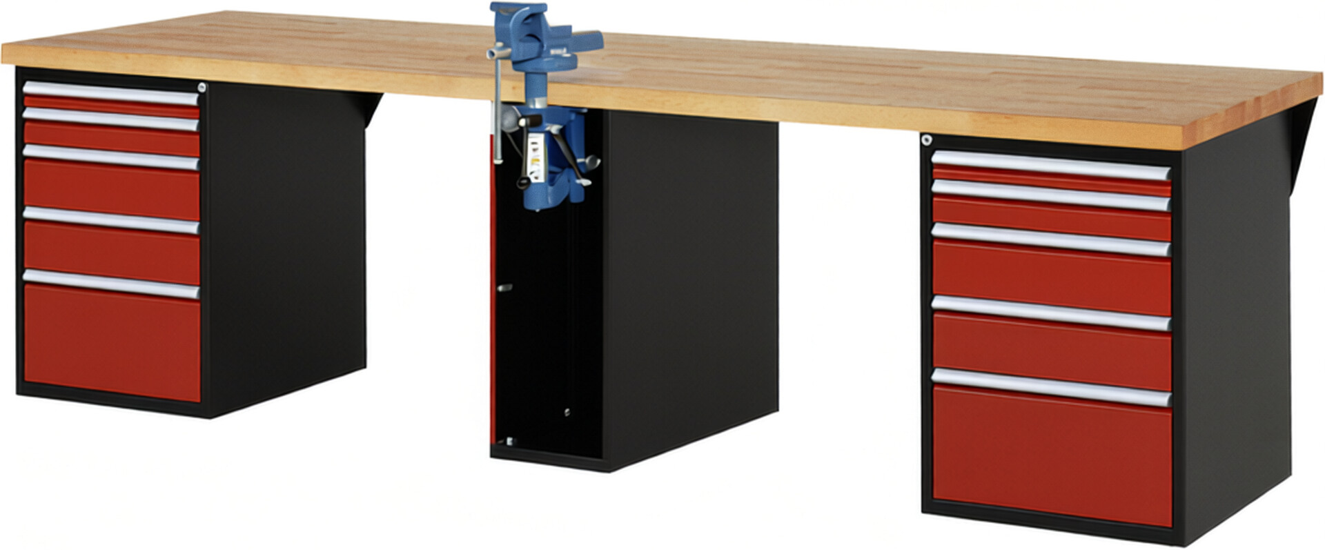 RAU Werkbank schwarz - rot - Breite 300 cm - Tiefe 90 cm - Höhe 89 cm - Buche-Massiv Arbeitsplatte 40 mm